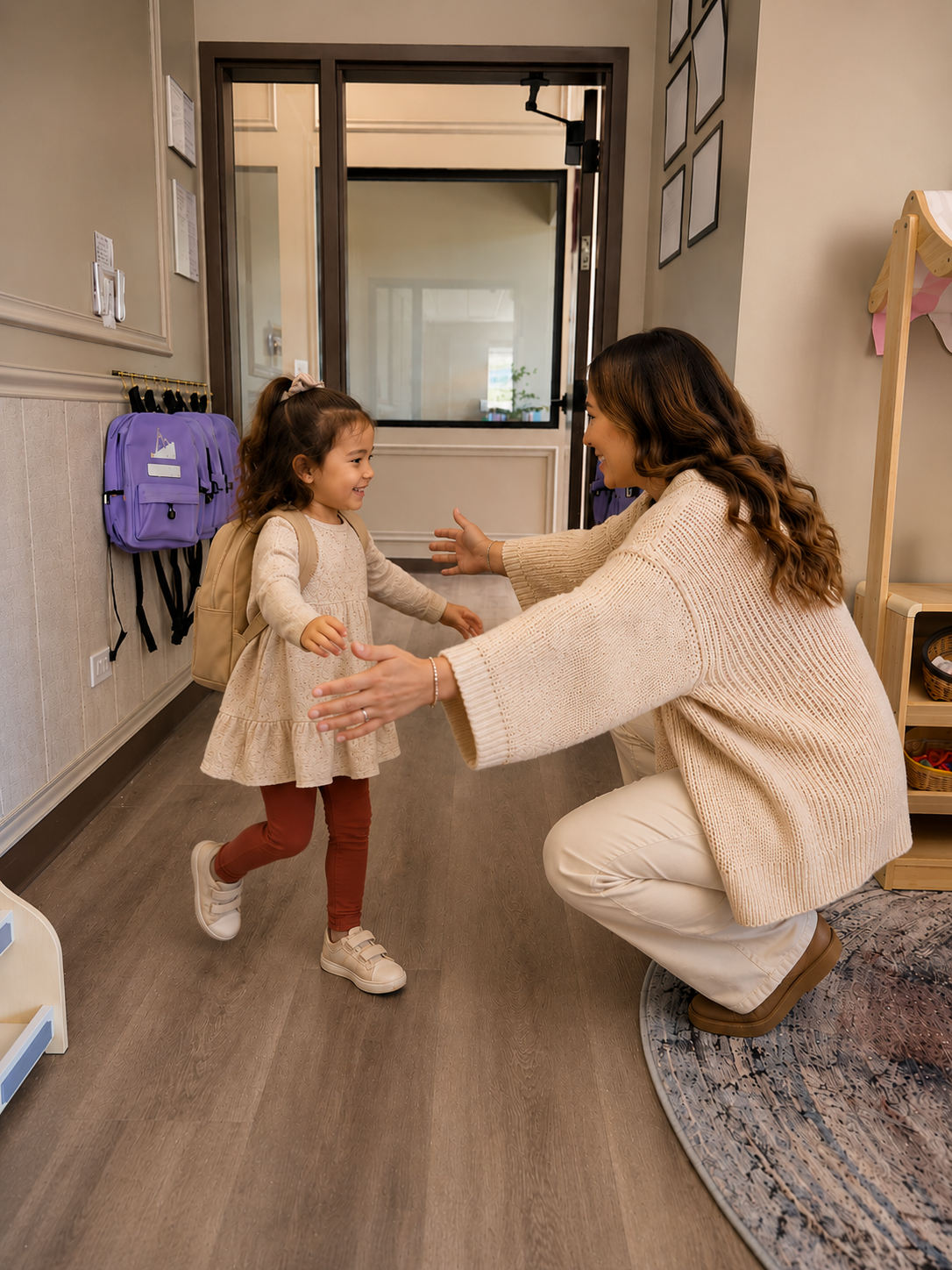 Teacher crouching down with open arms to welcome a child arriving at L&L Academy and Preschool