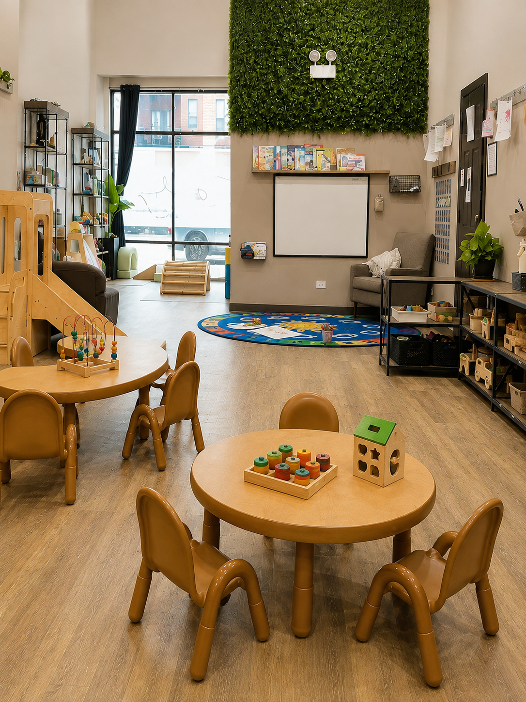The Wicker Park classroom with child-sized tables, large windows, an indoor play structure, and a green wall.