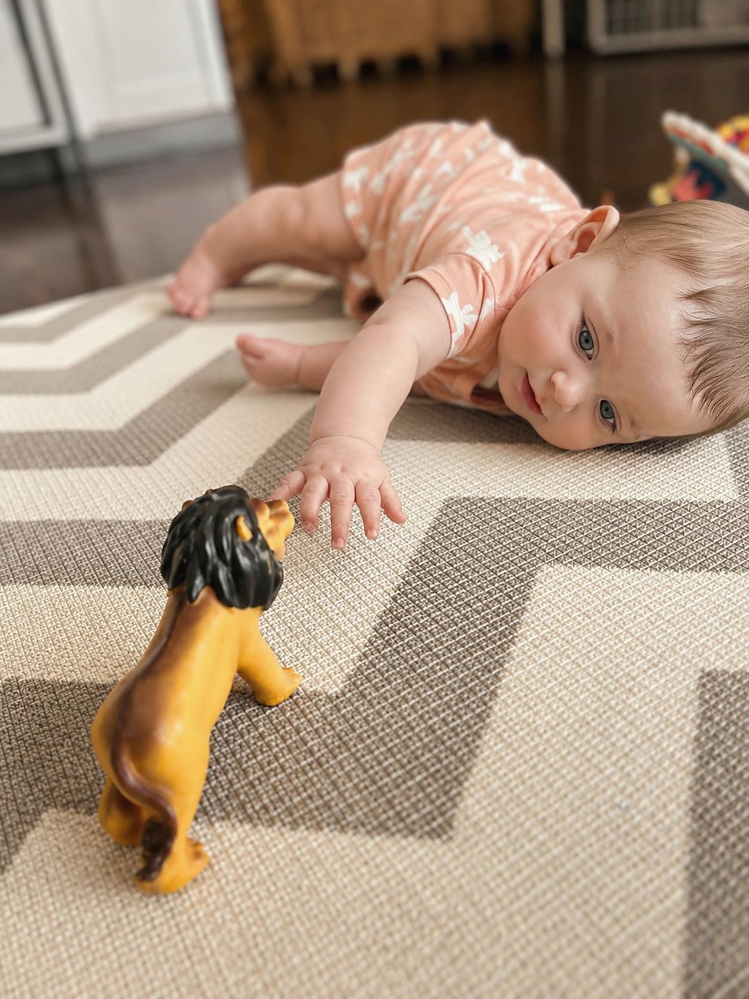 An infant reaching toward a lion toy during floor play at L&L Wicker Park.