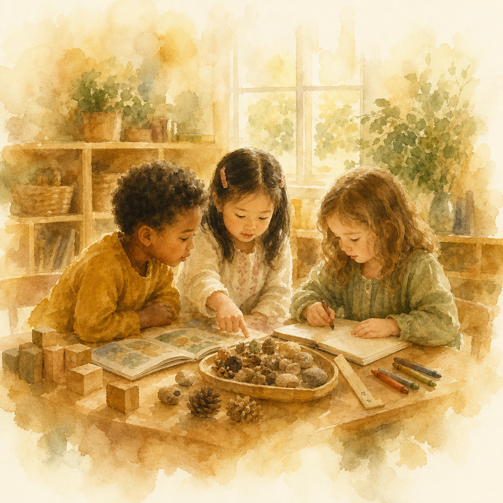 Three preschool children gathered around a low classroom table, examining collected materials and collaborating together.