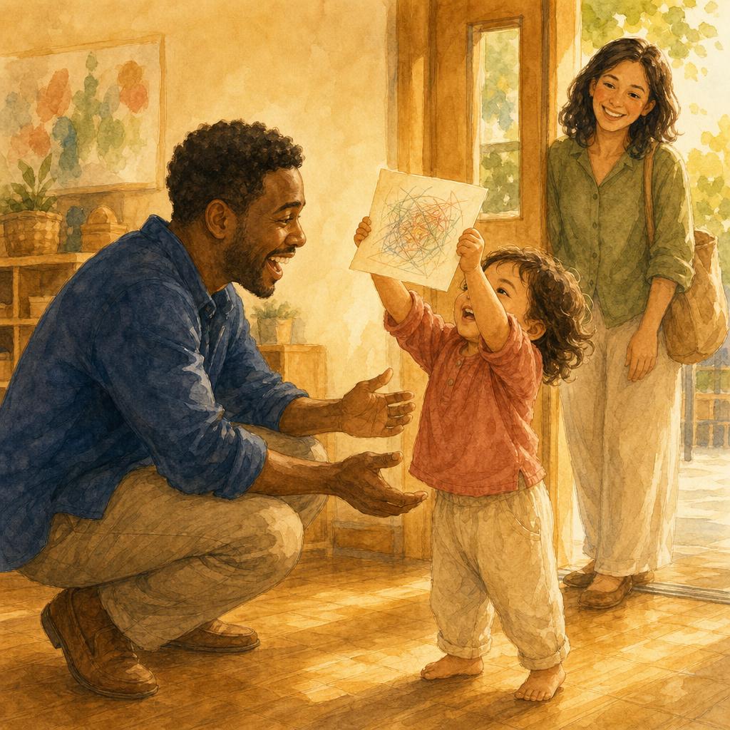 A father crouches to greet his toddler at end-of-day pickup — the child proudly holds up a small crayon drawing while a teacher looks on warmly nearby