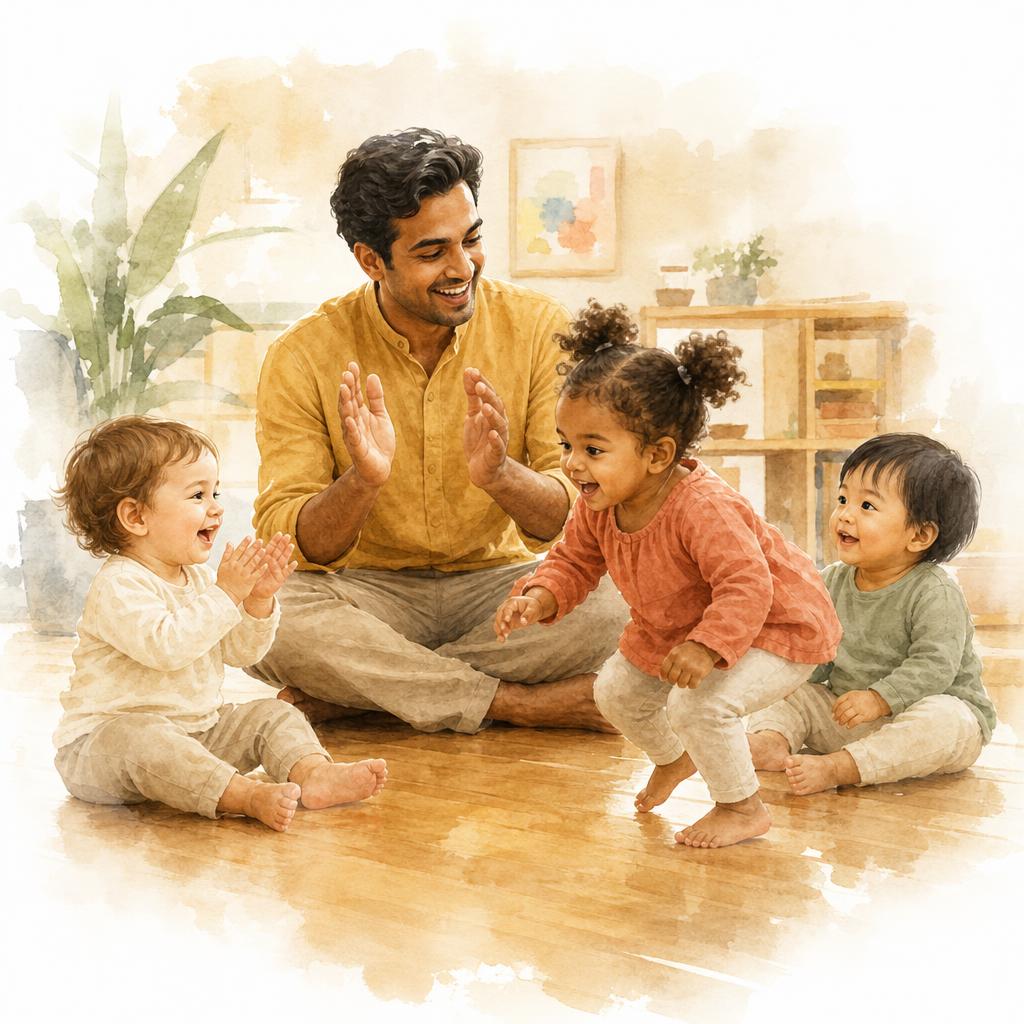 A music specialist mid-clap on a warm classroom floor, surrounded by three toddlers who are clapping, bouncing, and watching with delight
