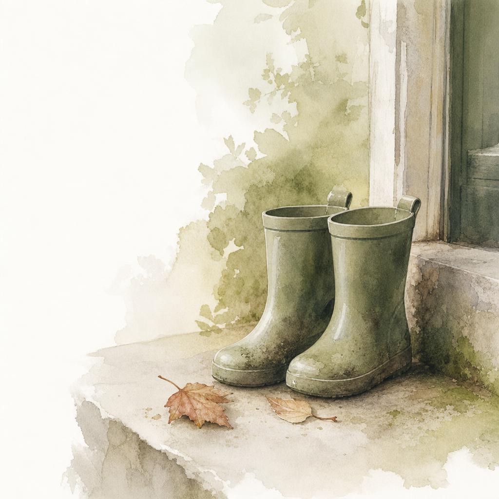 Small toddler rubber outdoor boots beside a fallen autumn leaf — ready for outdoor exploration