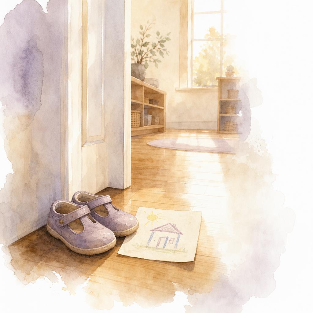 Small toddler shoes and a child’s simple drawing by the classroom doorway in warm afternoon light