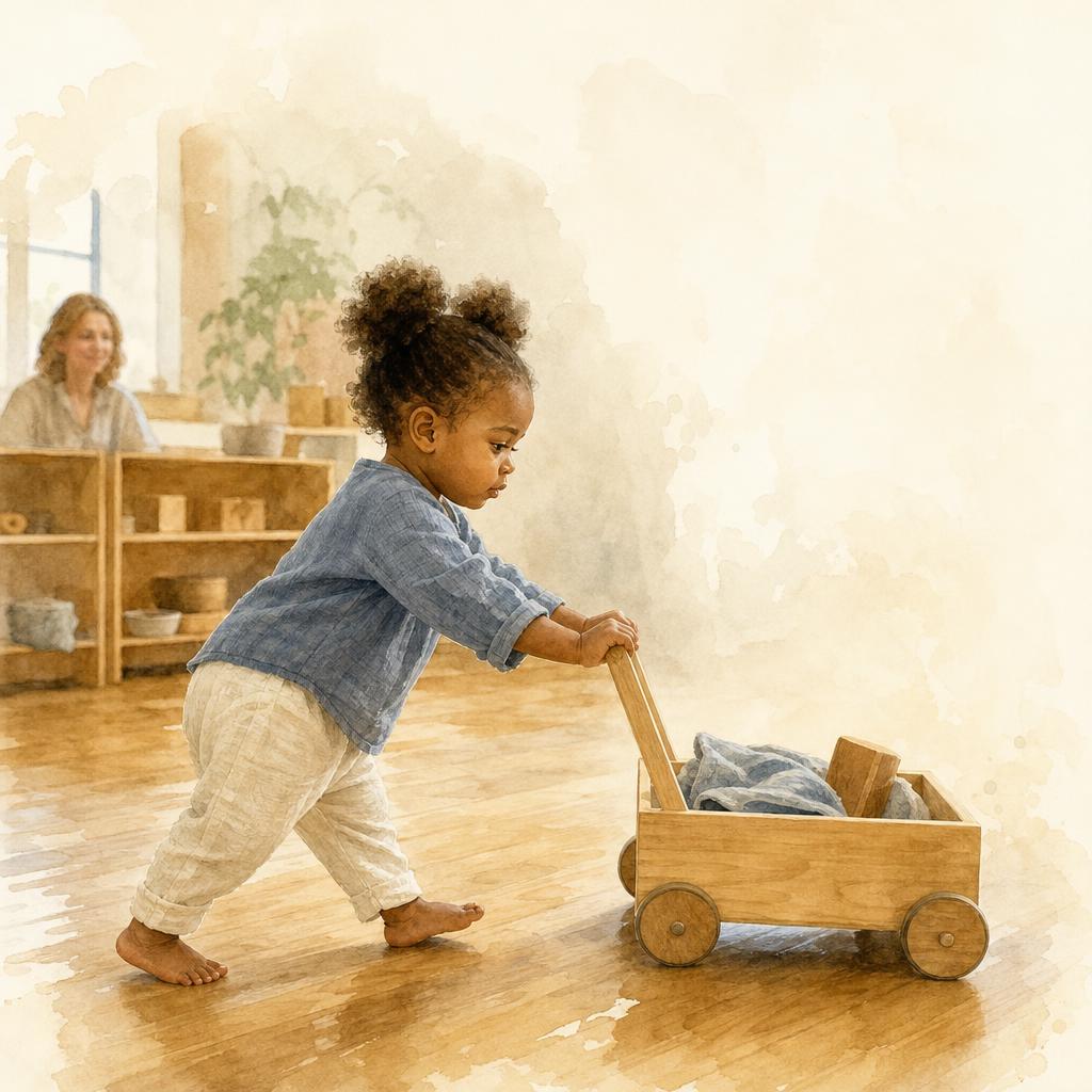 A toddler walks with focus and independence across a warm classroom floor, pushing a small wooden cart — absorbed in the task, capable and purposeful