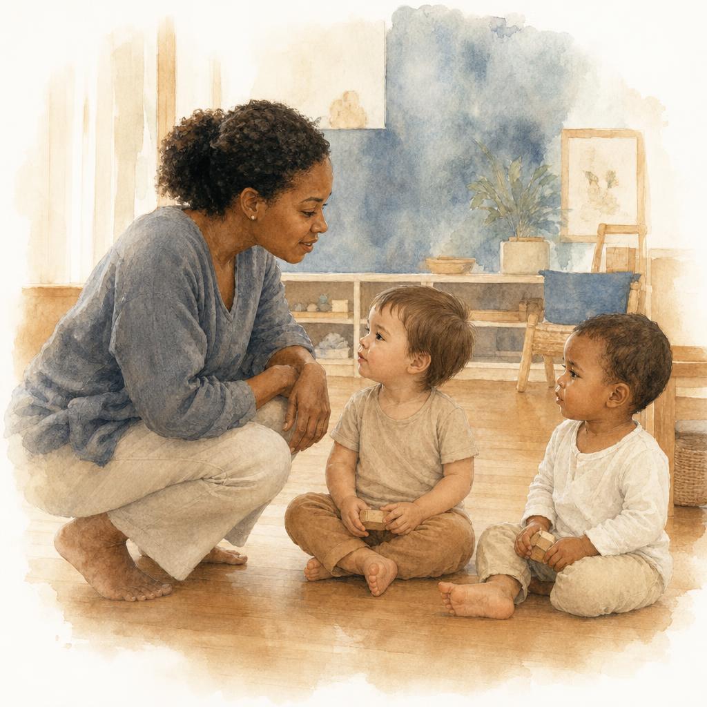 A teacher with warm medium-dark complexion crouches fully to toddler eye level, calm and open, during a tense social moment between two small children
