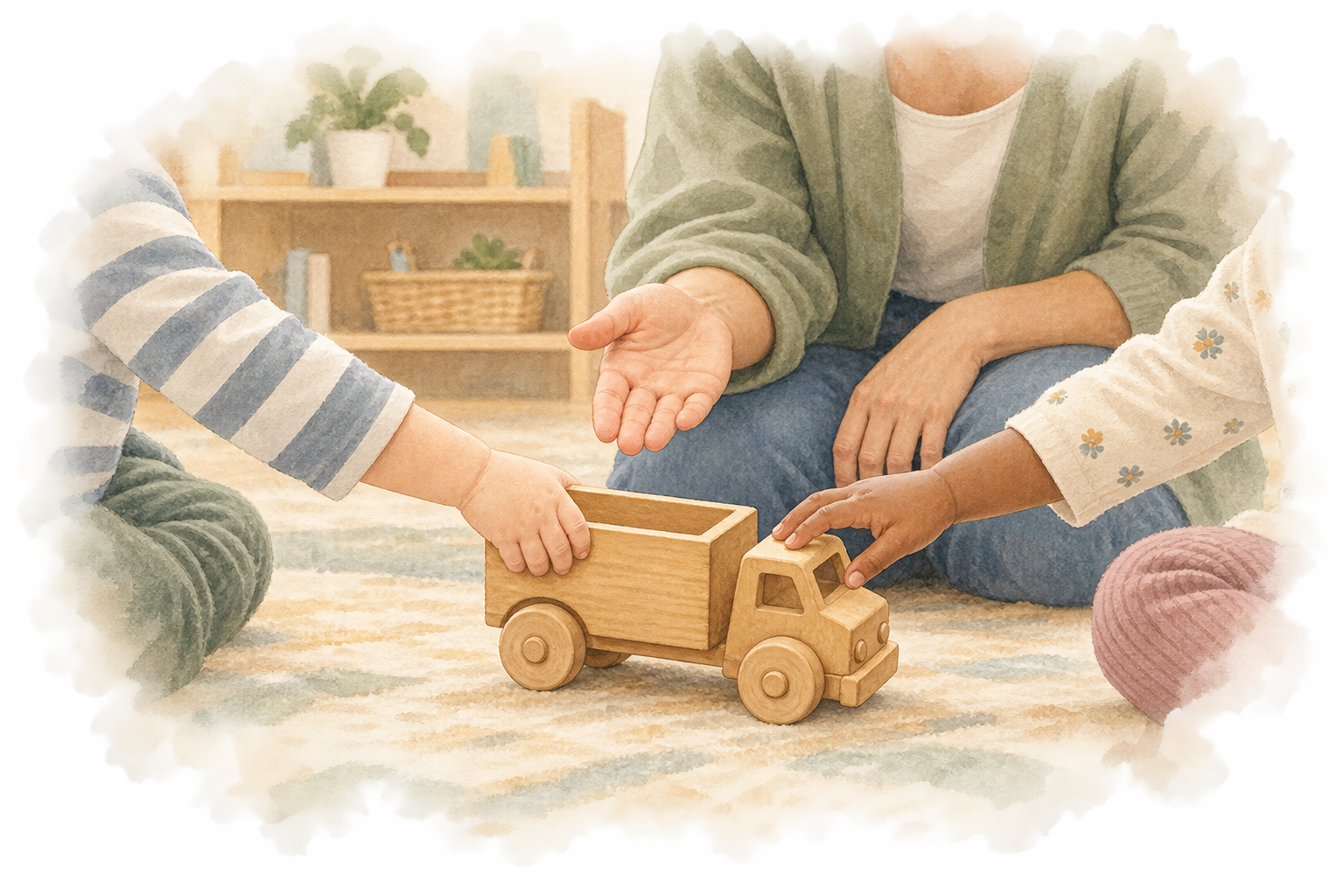 Close-up watercolor detail — a small wooden classroom truck with two children’s hands nearby and a teacher’s open hand resting calmly between them
