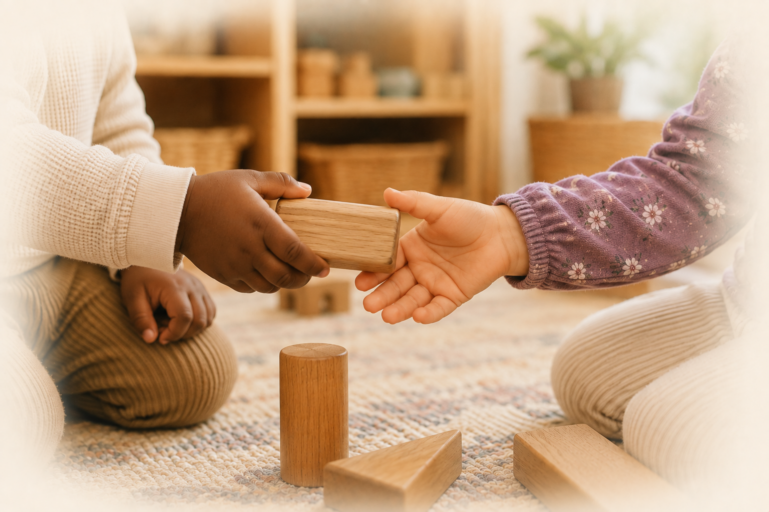 Two children exchanging a wooden block in a classroom.