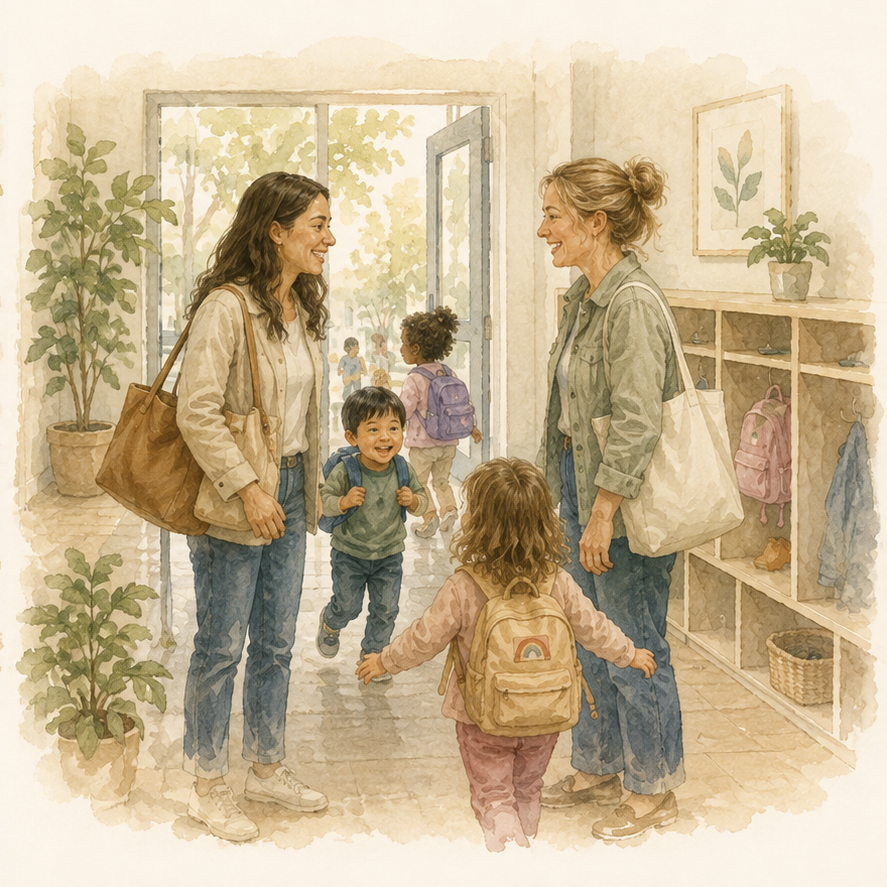 Families and children connecting during arrival or pickup at school.