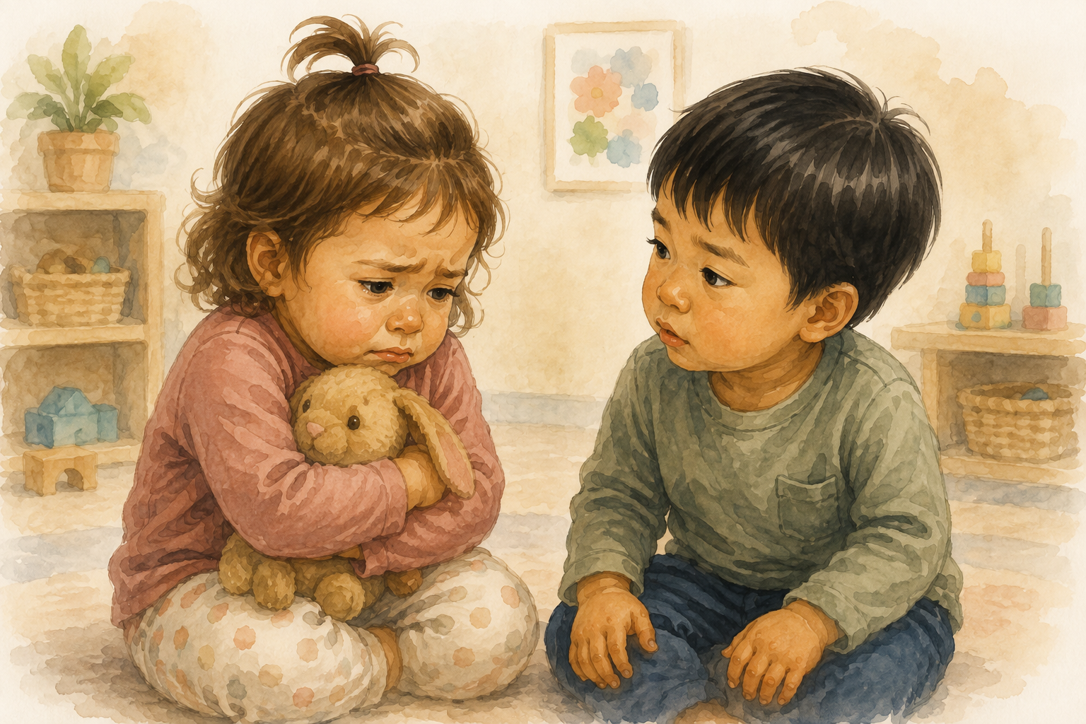 One child looking carefully at another child who is upset and holding a stuffed animal.