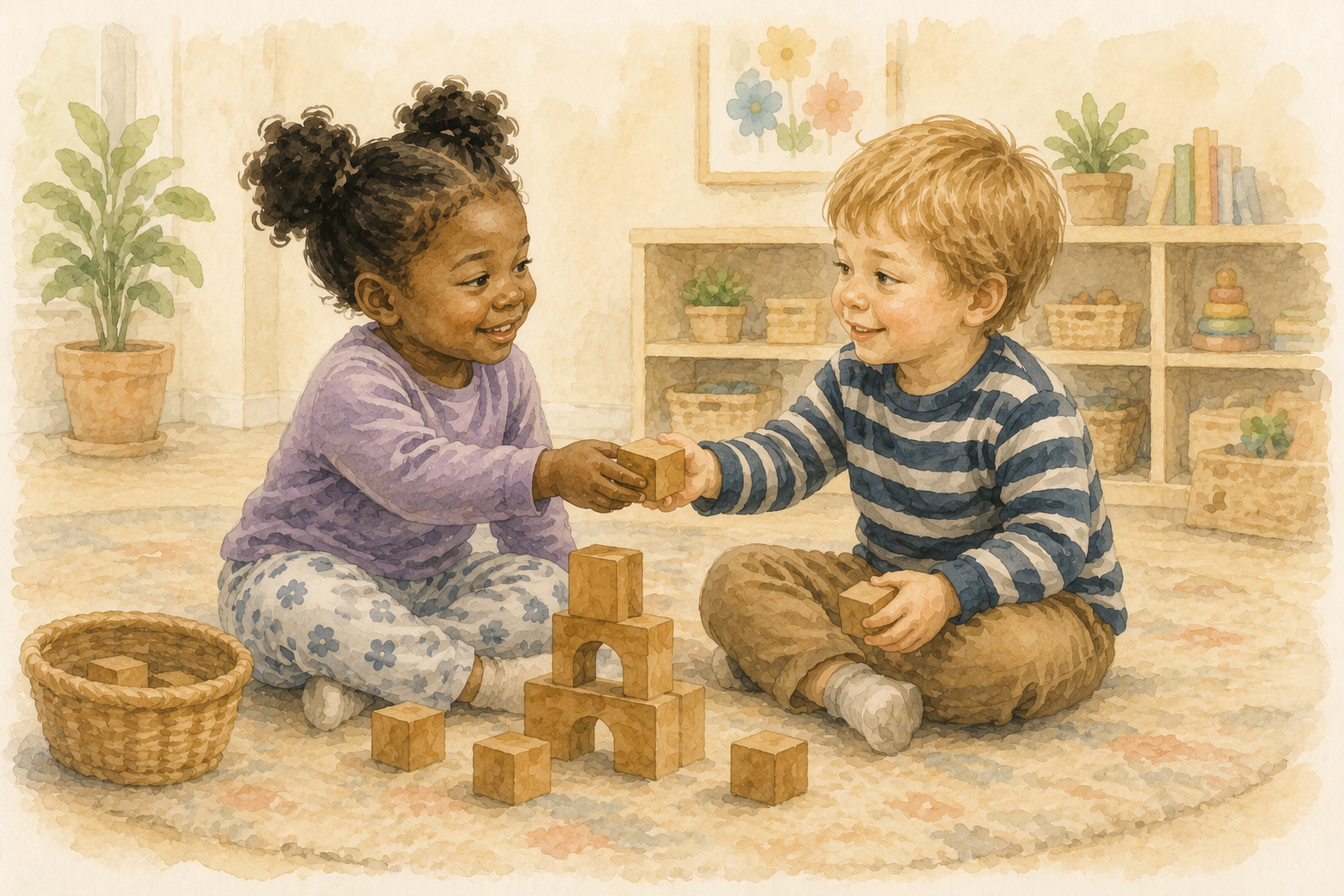 Two children exchanging a wooden block and returning to shared play, both looking toward one another.