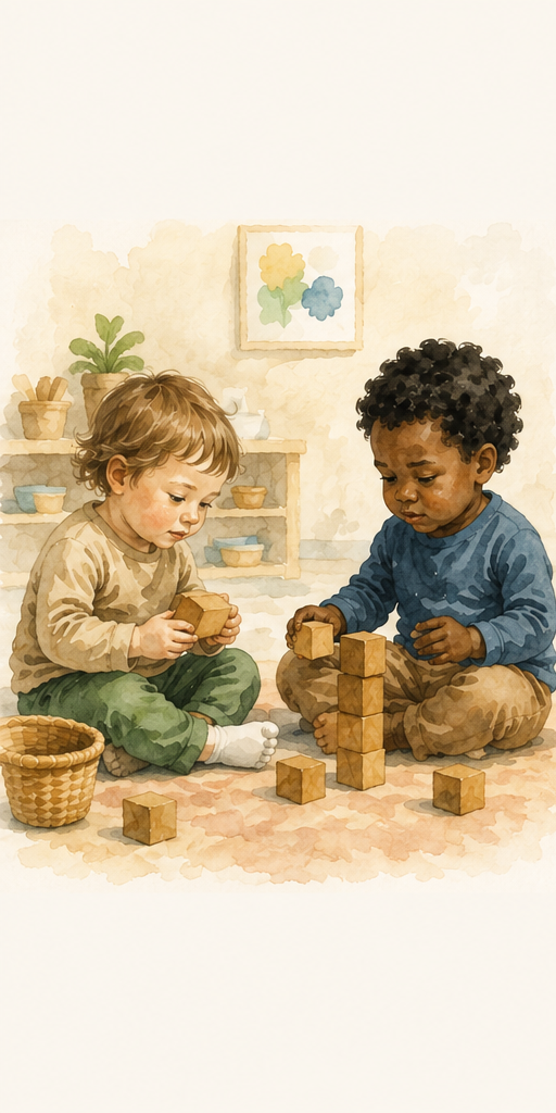 Two children playing near one another with wooden blocks.