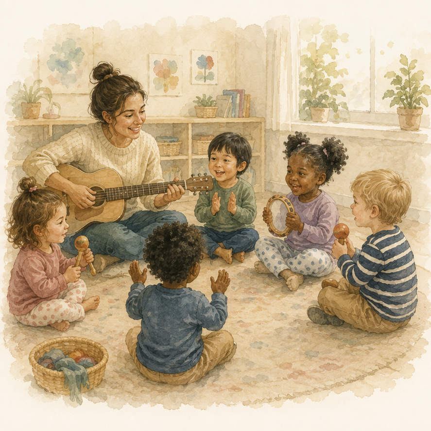 Young children participating in music with a visiting music specialist.
