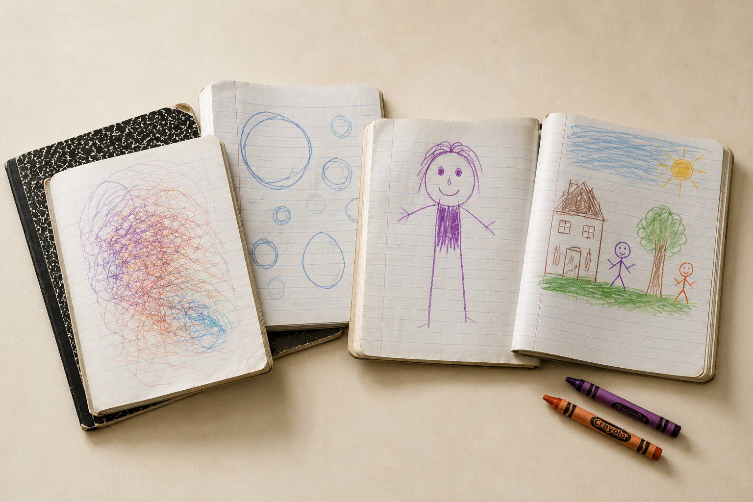 Composition notebooks showing children's drawings progressing from early scribbles to shapes, a person, and a more detailed story.